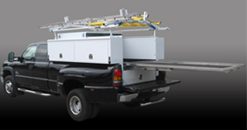 Load'N'Go Security Top - Fits Ford, Chevy, Dodge Standard Size Pickup Trucks. Shown here with optional drop-down ladder rack and 2000# 100% extension deck